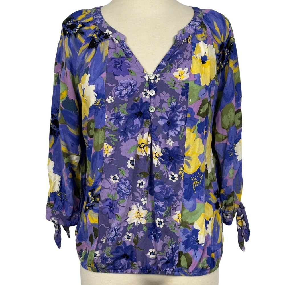Figueroa &‎ Flower Rayon Floral Blouse Womens PM Purple Yellow Tie Sleeve